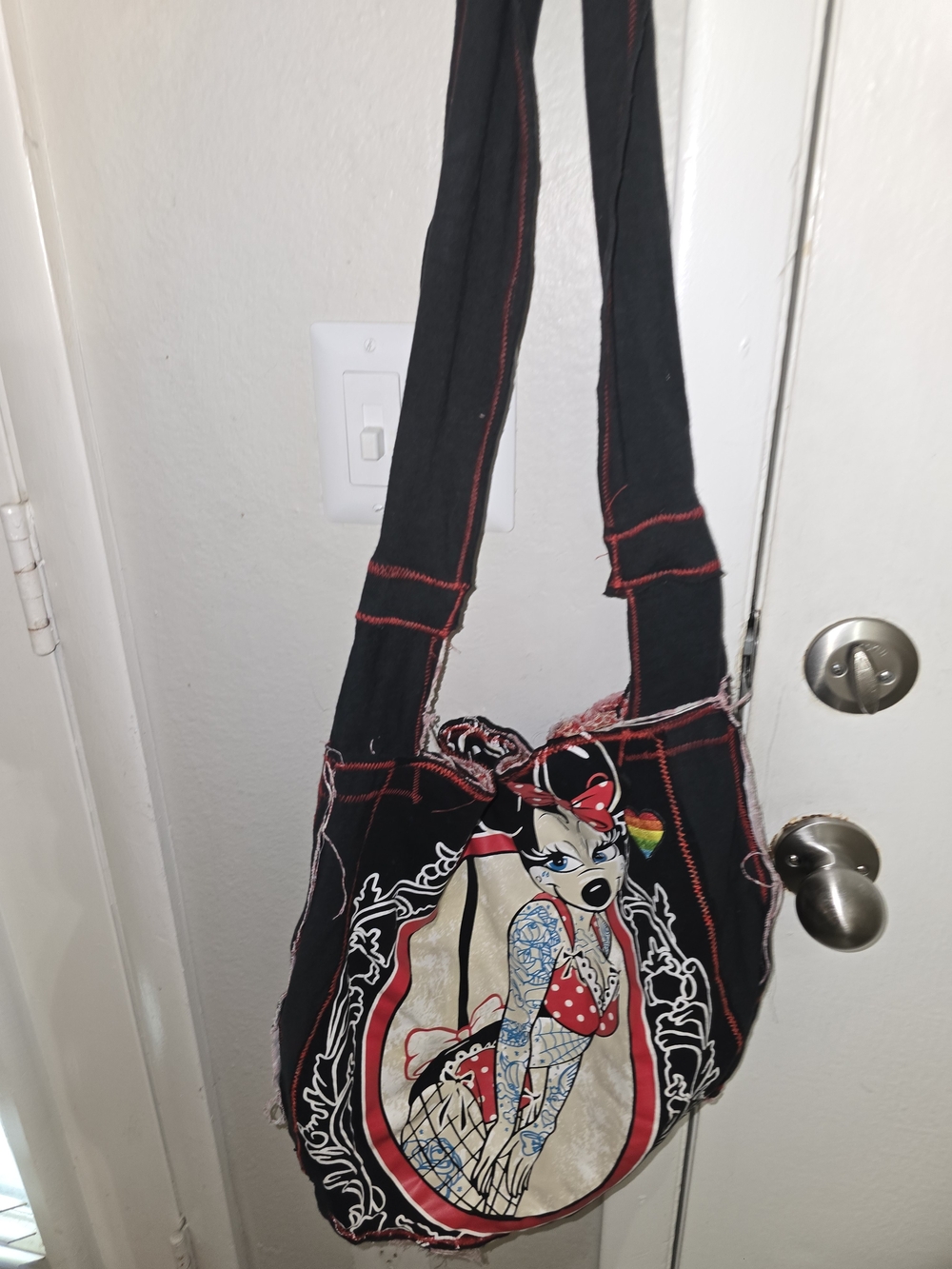 Black Red-Stitched Canvas Shoulder Bag with Pin-Up Graphic